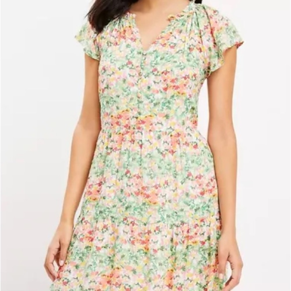 LOFT Pastel Floral V-Neck Tiered Midi Dress
